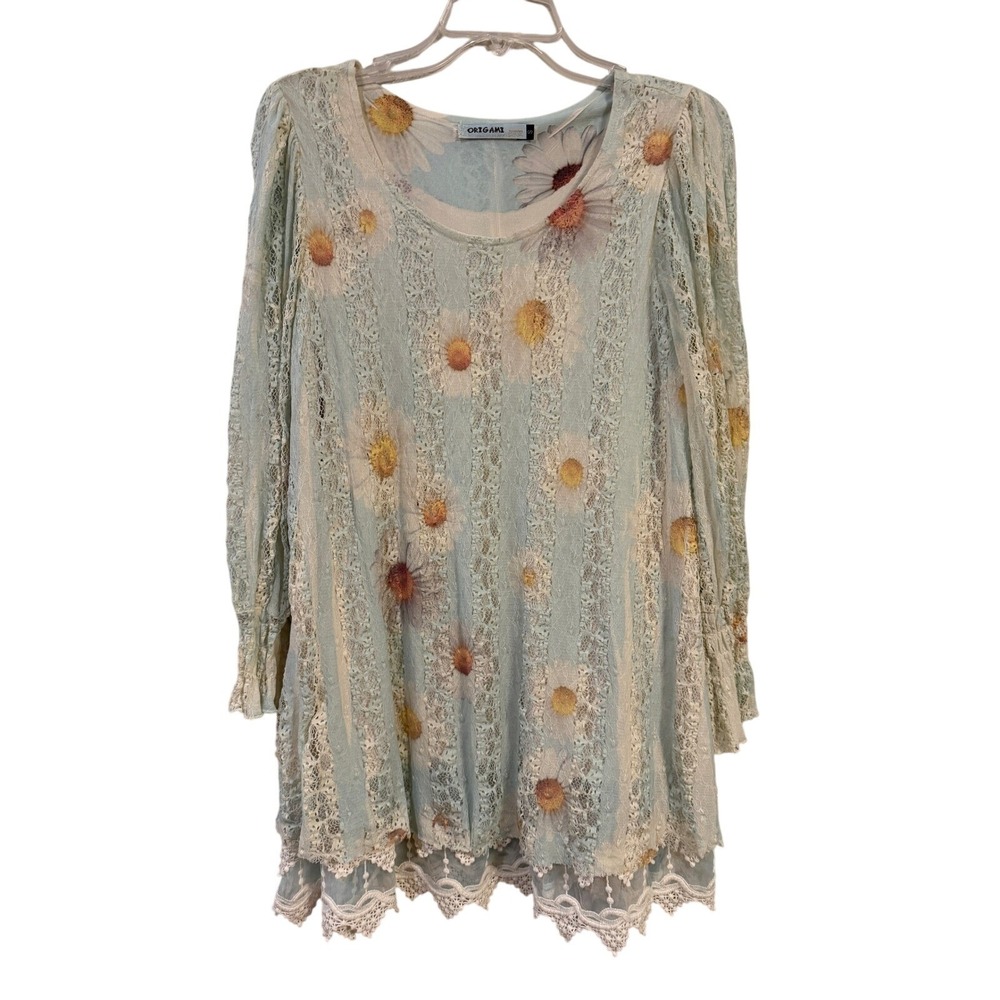 Origami by Vivien Womens Light Blue Floral Lace Daisy Tunic Top Small OLS-4507